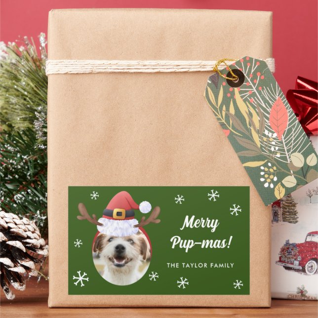 Dog Photo w/ Santa Reindeer Antler Hat Christmas Rectangular Sticker (Holiday)