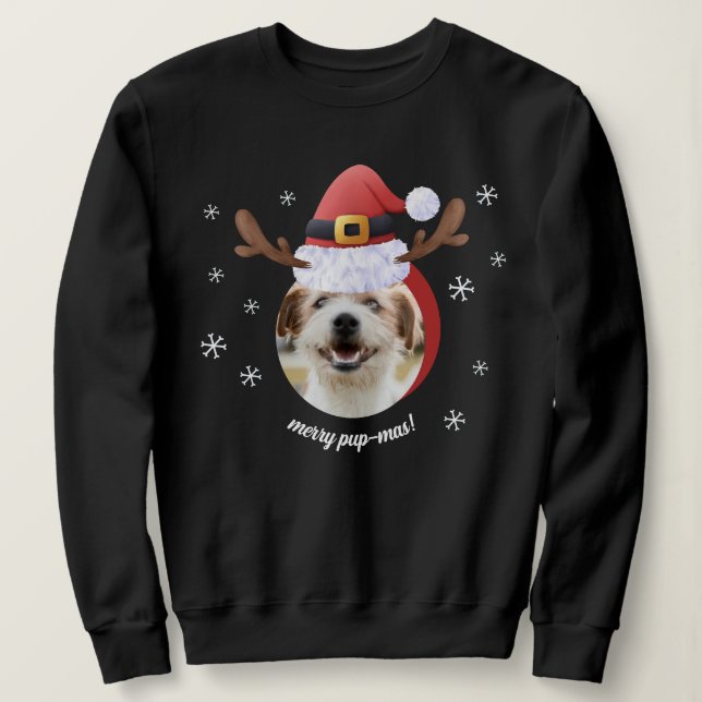 Dog Photo w/ Santa Reindeer Antler Hat Christmas Sweatshirt (Design Front)