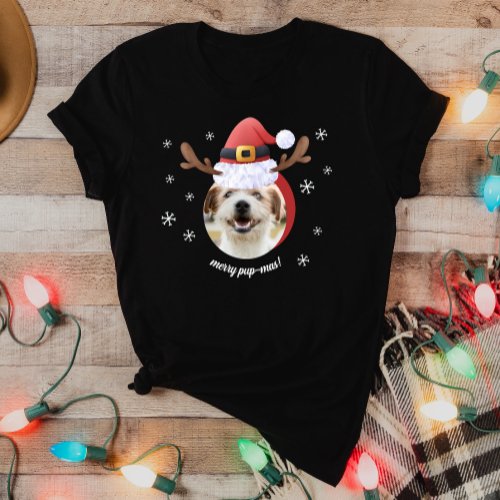 Dog Photo w Santa Reindeer Antler Hat Christmas T_Shirt