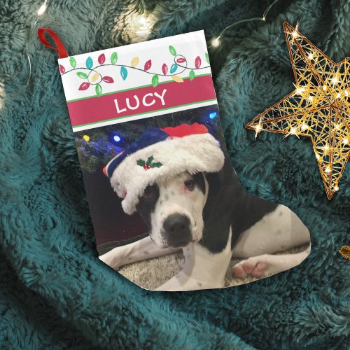 Dog Photo Watercolor Holiday Lights Small Christmas Stocking