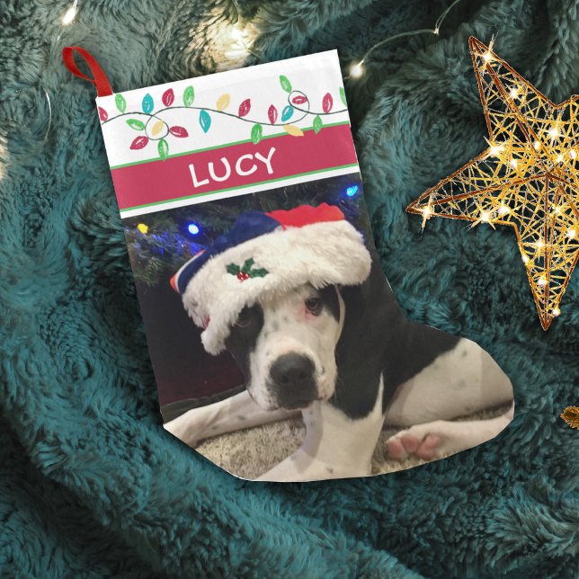 Dog Photo Watercolor Holiday Lights Small Christmas Stocking (Creator Uploaded)