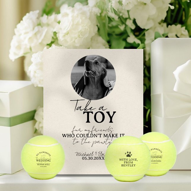 Dog Photo Wedding Tennis Ball Favor Pedestal Sign (Give guests a fun, tennis ball favor to take home to their pets with this Dog Wedding Favor Sign!)