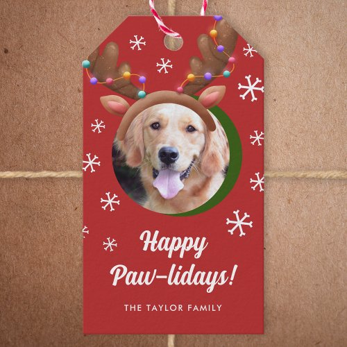 Dog Photo with Reindeer Antler Hat Christmas Gift Tags