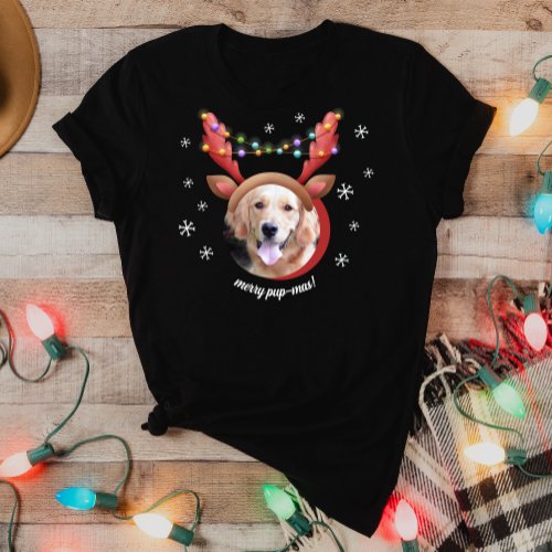 Dog Photo with Reindeer Antler Hat Merry Christmas T_Shirt