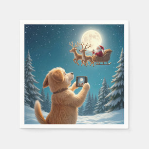 Dog Photographing Santa Claus In Sleigh Napkins