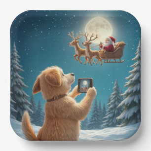 Dog Photographing Santa Claus In Sleigh Paper Plates