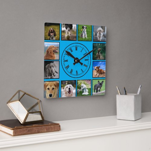 Dog Photos Collage on Blue Background Square Wall Clock