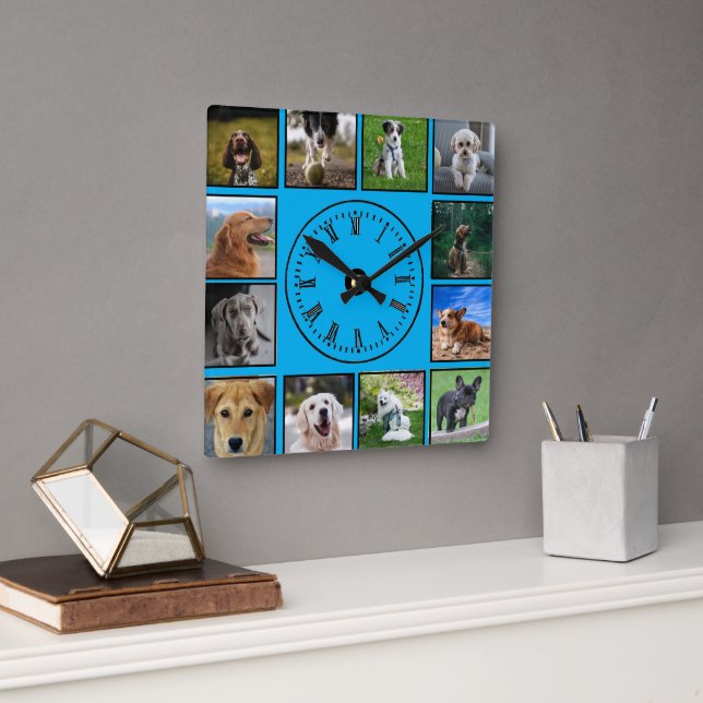 Dog Photos Collage on Blue Background Square Wall Clock (Office)