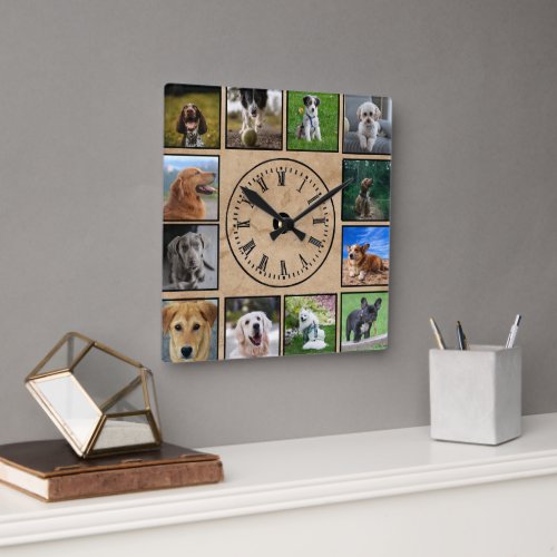 Dog Photos Collage on Parchment Paper Background Square Wall Clock