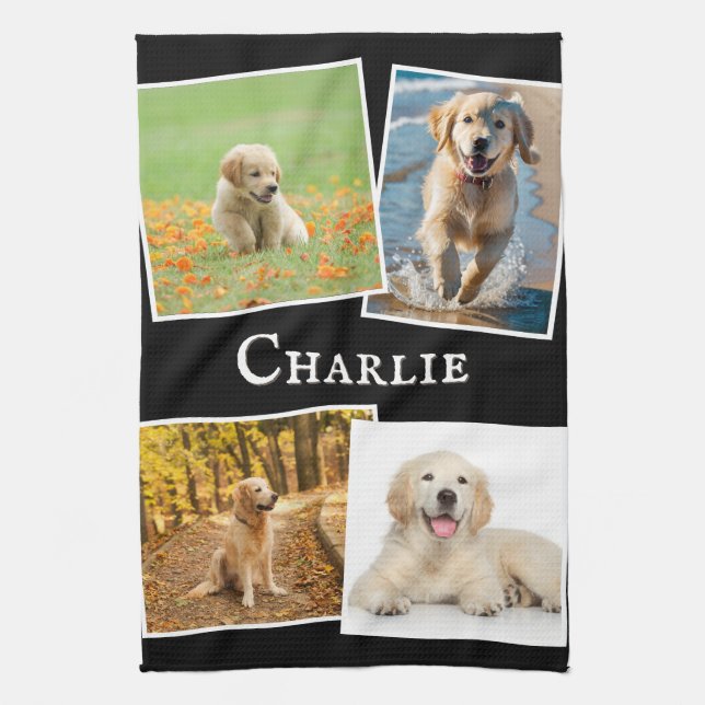 Dog Photos Pet Picture Collage Custom Name Black Kitchen Towel (Vertical)