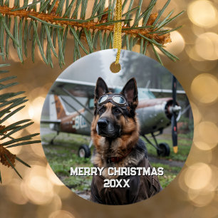Dog Pilot Airplane Funny Aviation Photo Christmas Ceramic Ornament