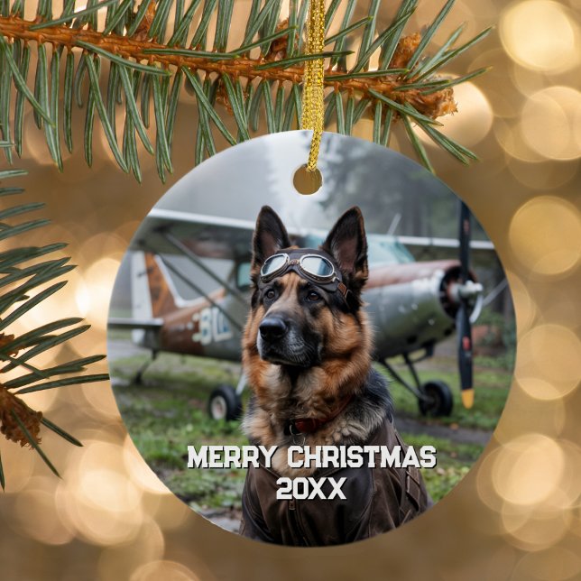Dog Pilot Airplane Funny Aviation Photo Christmas Ceramic Ornament (Creator Uploaded)