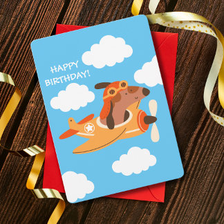 Dog Pilot Flying Airplane, Cute Fun Kids Birthday Holiday Card