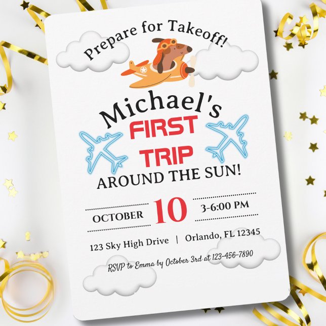 Dog Pilot Flying Airplane, Cute Fun Kids Birthday Invitation (Creator Uploaded)