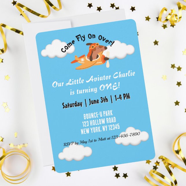 Dog Pilot Flying Airplane, Cute Fun Kids Birthday Invitation (Creator Uploaded)