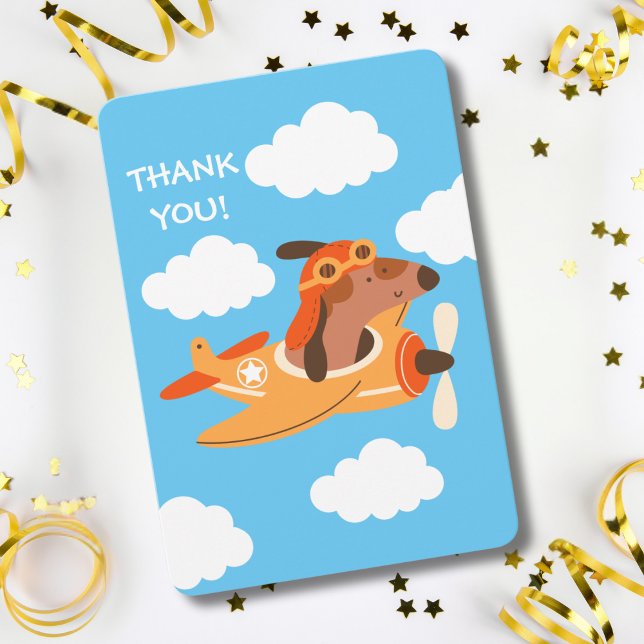 Dog Pilot Flying Airplane, Cute Fun Kids Birthday Thank You Card (Creator Uploaded)