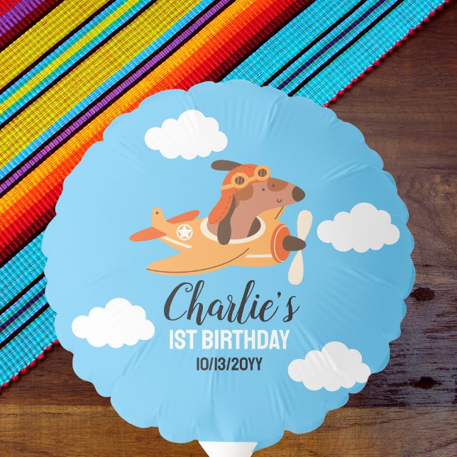 Dog Pilot Flying Airplane,Cute Kids Blue Birthday Balloon (Creator Uploaded)