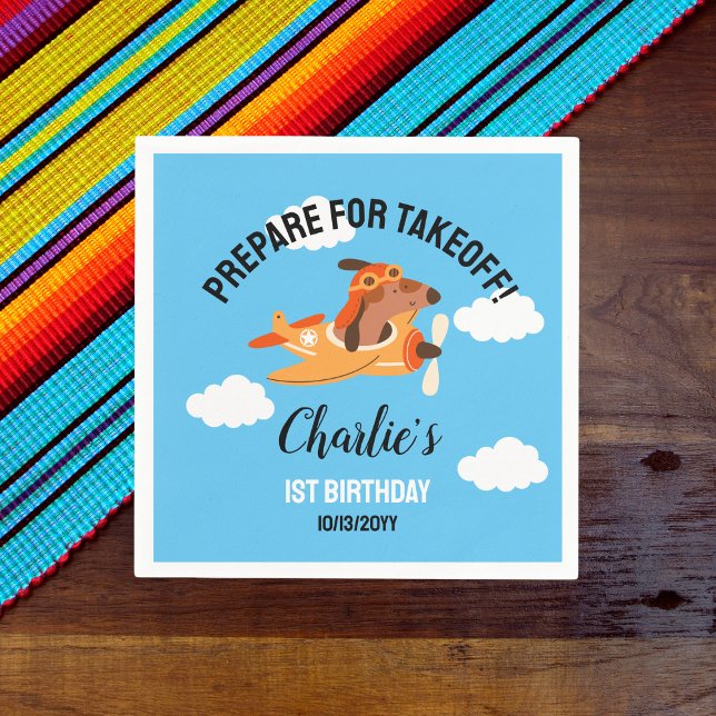 Dog Pilot Flying Airplane,Cute Kids Blue Birthday Napkins (Creator Uploaded)