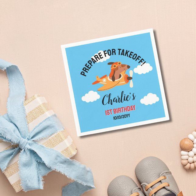 Dog Pilot Flying Airplane,Cute Kids Blue Birthday Napkins (Creator Uploaded)