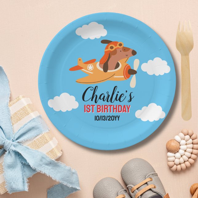 Dog Pilot Flying Airplane,Cute Kids Blue Birthday Paper Plates (Creator Uploaded)