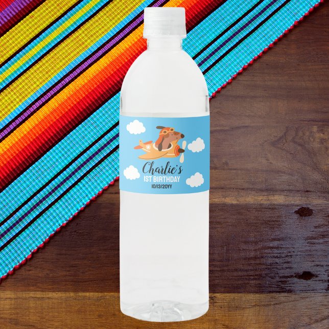 Dog Pilot Flying Airplane,Cute Kids Blue Birthday Water Bottle Label (Creator Uploaded)