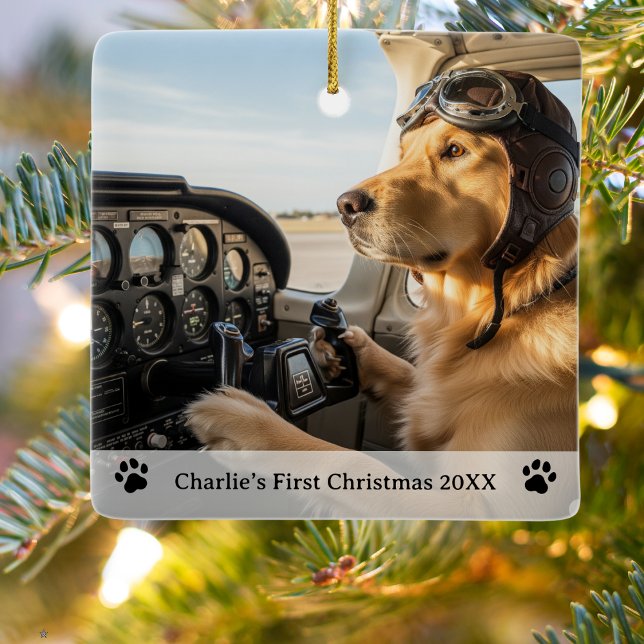 Dog Pilot Photo First Christmas Name Year Aviator  Ceramic Ornament (Creator Uploaded)