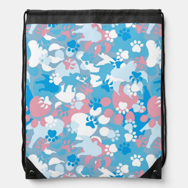 Dog Pink and Blue Camouflage Pattern Drawstring Bag (Front)