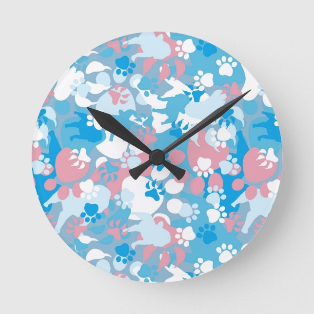 Dog Pink and Blue Camouflage Pattern Round Clock (Front)