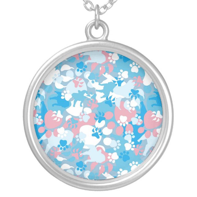 Dog Pink and Blue Camouflage Pattern Silver Plated Necklace (Front)