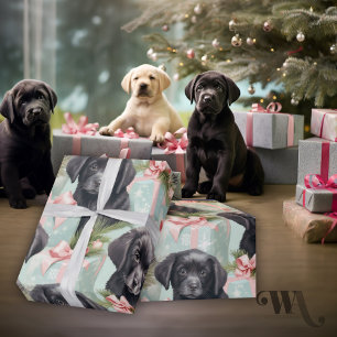 Dog Pink and Blue Holiday Black Lab Puppies Wrapping Paper