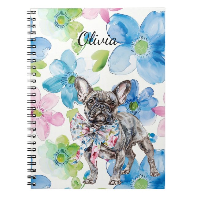 Dog Pink Blue Floral Bow Personalized Notebook (Front)
