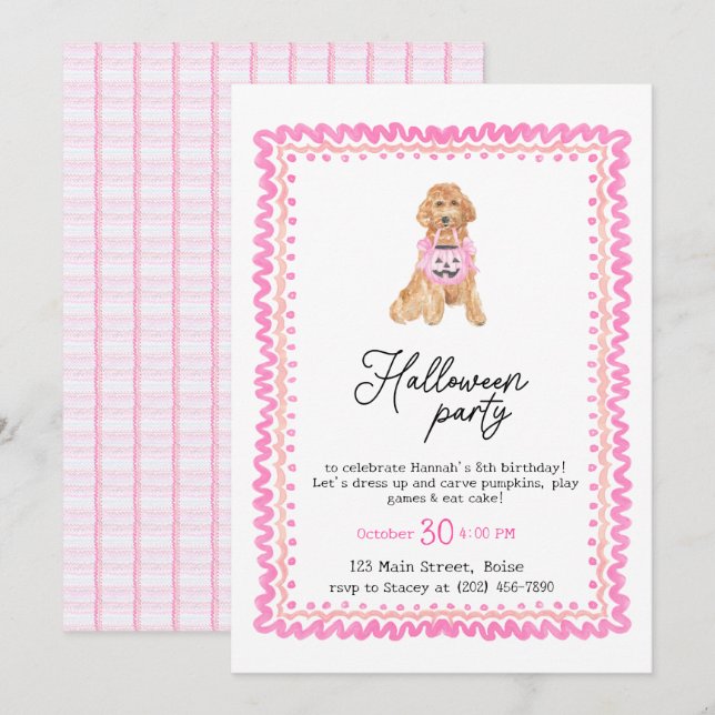 Dog Pink Preppy Pumpkin Halloween Party  Invitation (Front/Back)