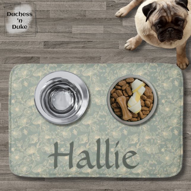 Dog Placemat - Sage Green Botanical, Personalized  Bath Mat (Personalized Sage Green Botanical Pet Placemat Bath Mat on wood floor with pet bowls)