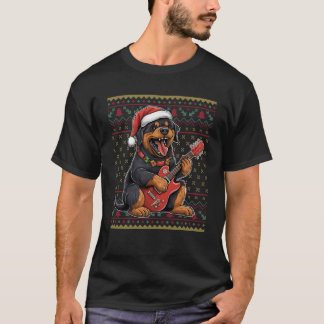 Dog Playing Guitar Santa Hat Xmas Ugly Rottweiler  T-Shirt