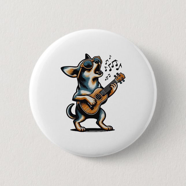 Dog Playing Guitar Singing Chihuahua Funny Dog Mar Button (Front)