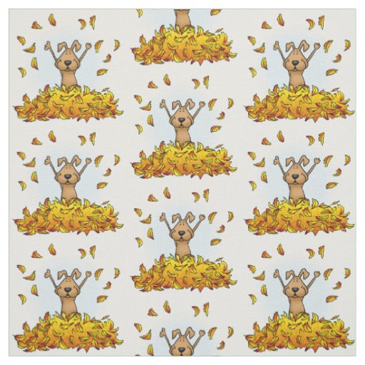 Dog Playing in a Pile of Fall Leaves - Cute Autumn Fabric