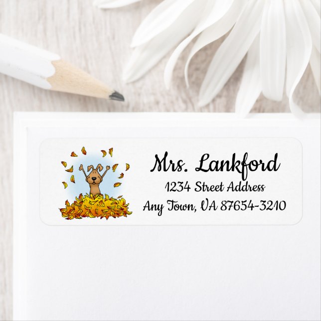 Dog Playing in a Pile of Fall Leaves - Cute Autumn Label (Insitu)