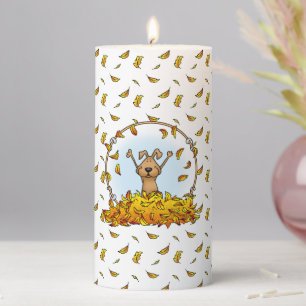 Dog Playing in a Pile of Fall Leaves - Cute Autumn Pillar Candle