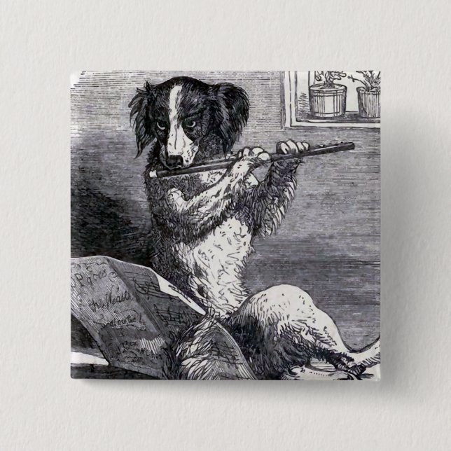 "Dog Playing the Flute" Vintage Illustration Pinback Button (Front)