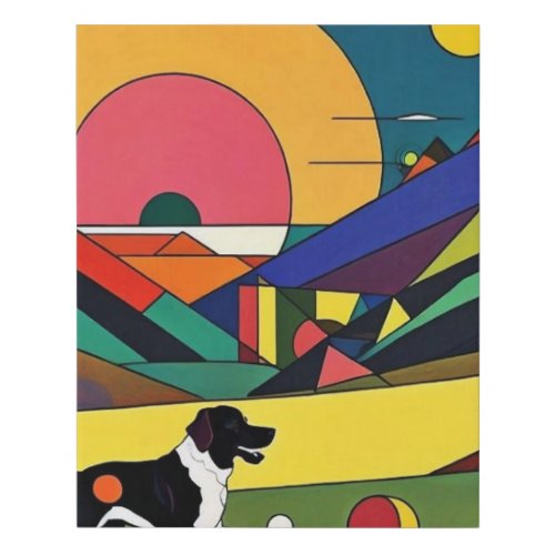 Dog plays with spheres at sunset faux canvas print