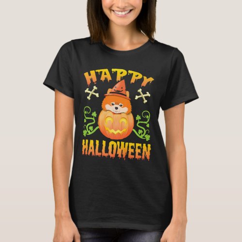Dog Pomeranian Witch Pumpkin Face T Happy Hallowee T_Shirt