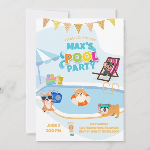 Dog Pool Party Dog Pawty Birthday Blue Orange Invitation