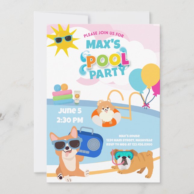 Dog Pool Party, Dog Pawty Birthday Summer Blue Invitation (Front)
