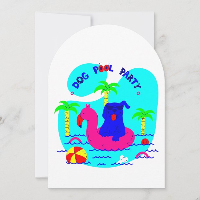 dog pool party palm trees flamingo summer fun invitation (Front)