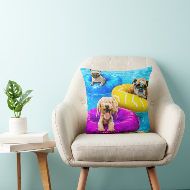 Dog Pool Party Throw Pillow (Chair)