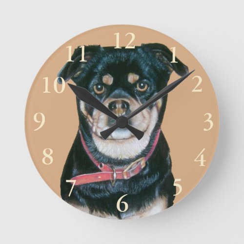 dog portrait painting of black and tan pug round clock