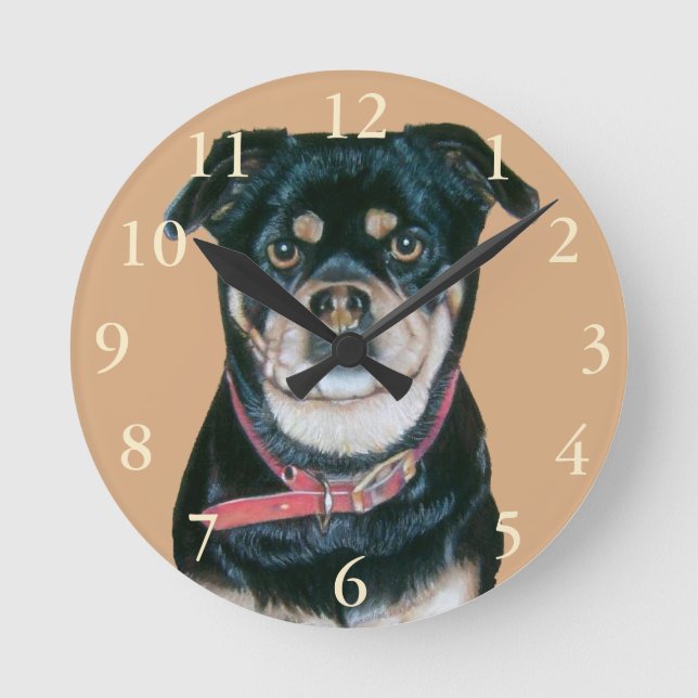 dog portrait painting of black and tan pug round clock (Front)