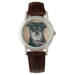 dog portrait painting of black and tan pug watch