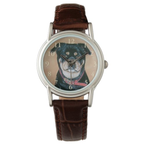 dog portrait painting of black and tan pug watch