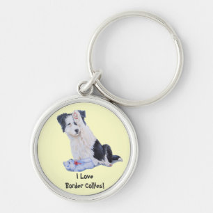 dog portrait painting of cute border collie puppy keychain
